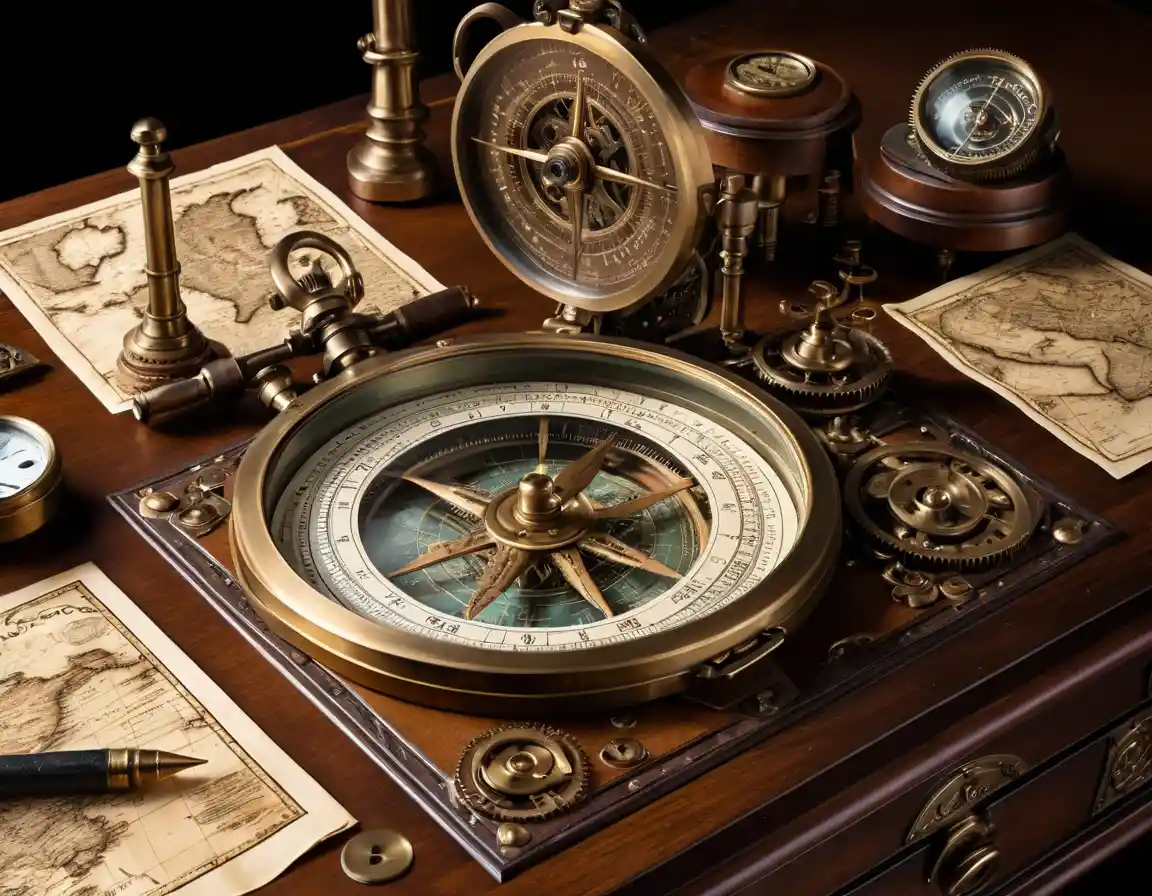Vintage Treasure Map On Steampunk Mahogany Navigation Desk