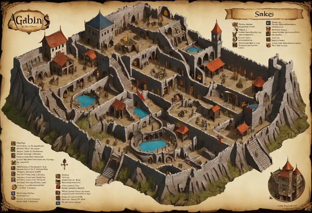 Mappa di gioco fantasy vintage con dungeon sotterraneo multilivello
