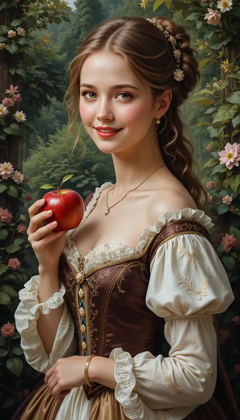 Elegant girl in a summer garden holding a red apple