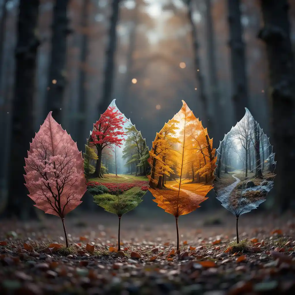 Mystical forest landscape showing four seasonal leaves
