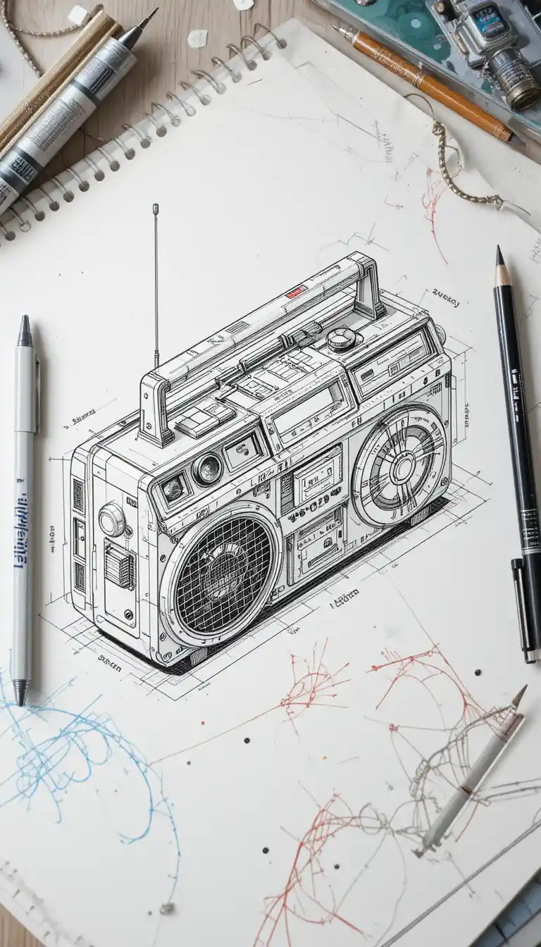 Isometric sketch of a futuristic 80s style radio device
