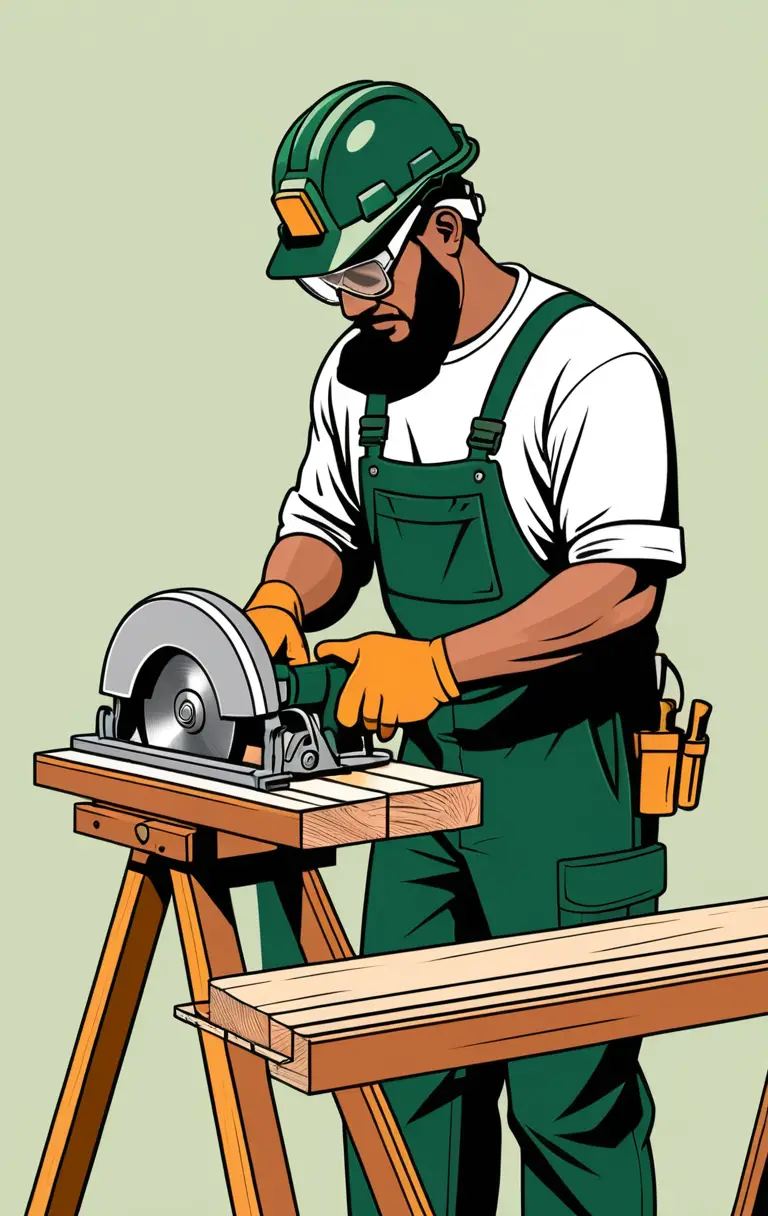 Carpenter Cutting Lumber On Sawhorses At Construction Site