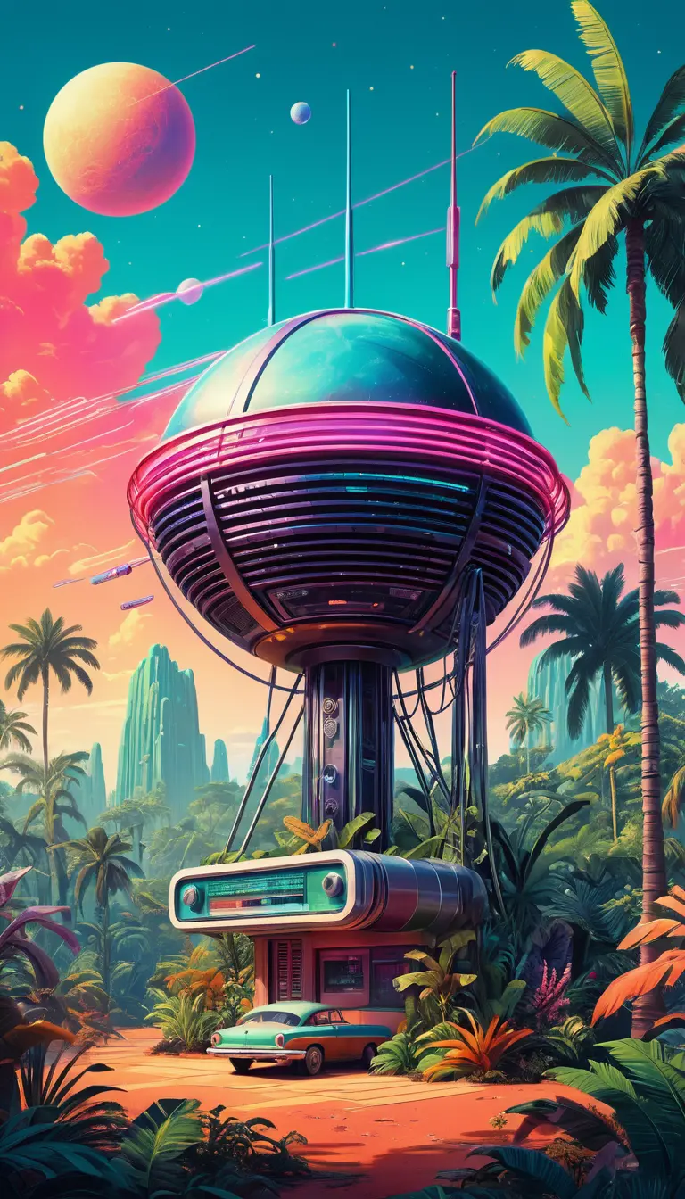 Retro futuristic radio tower on a lush tropical world