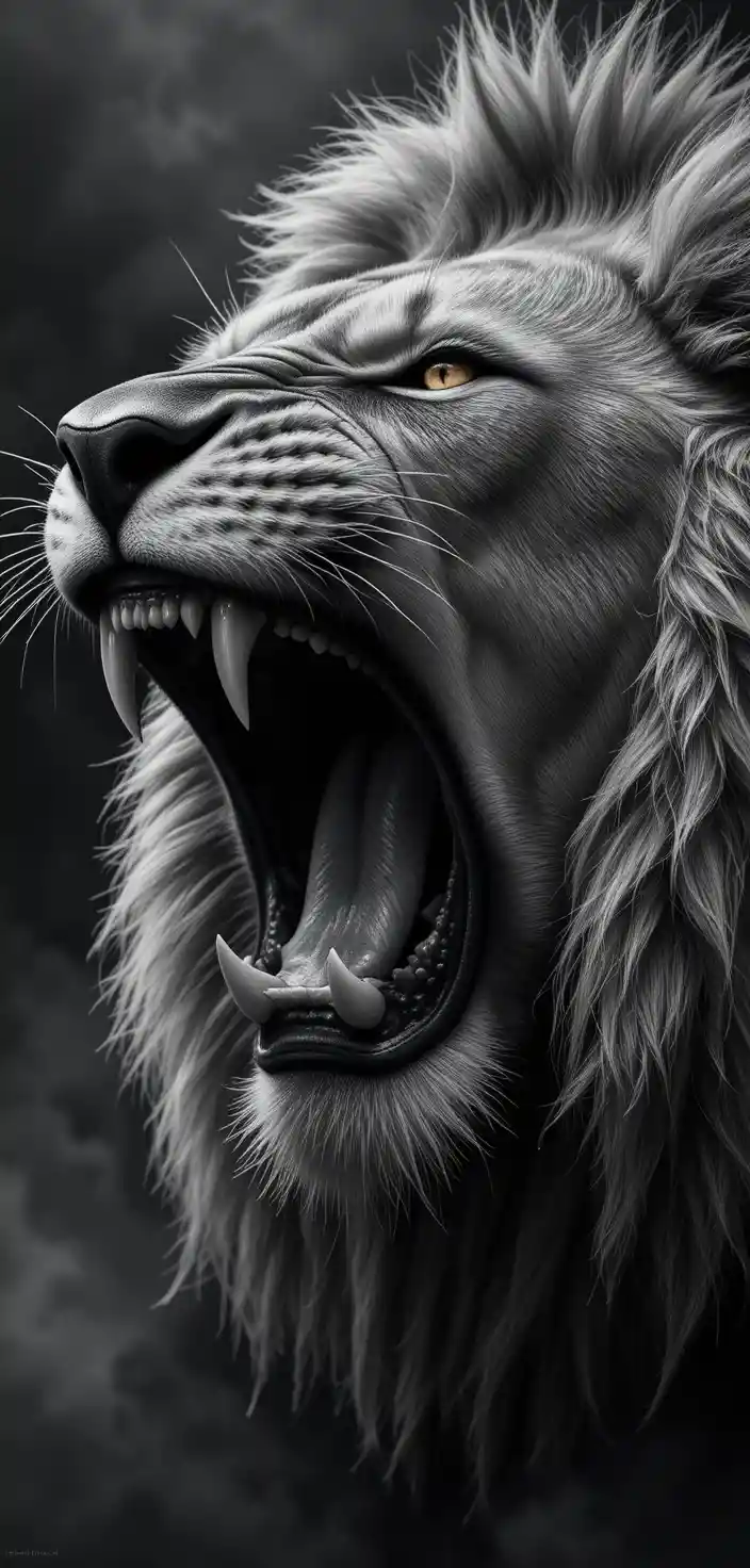 Snarling lion close up with glowing eyes in smoke