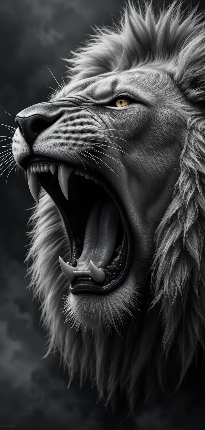 Snarling lion close up with glowing eyes in smoke
