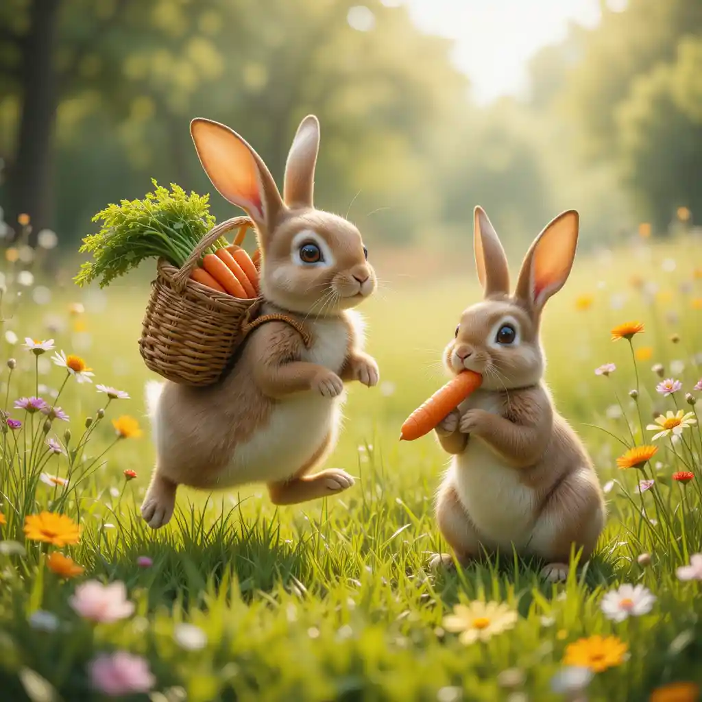 Rabbits With Carrots In A Sunny Flowering Meadow