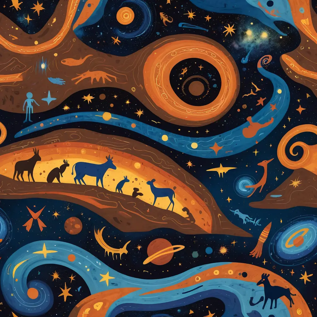 Ancient cave art merging with a vast cosmic background