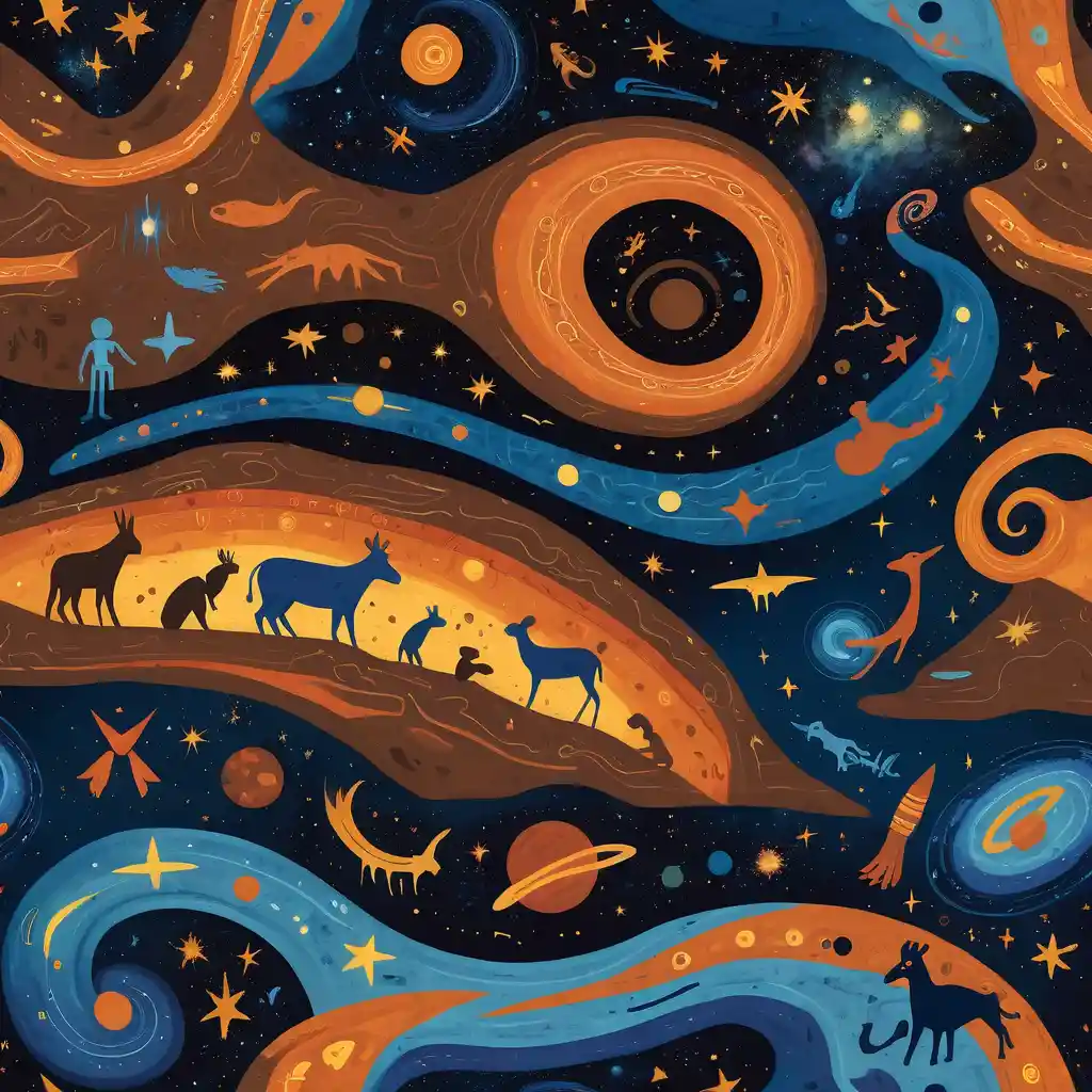 Ancient cave art merging with a vast cosmic background