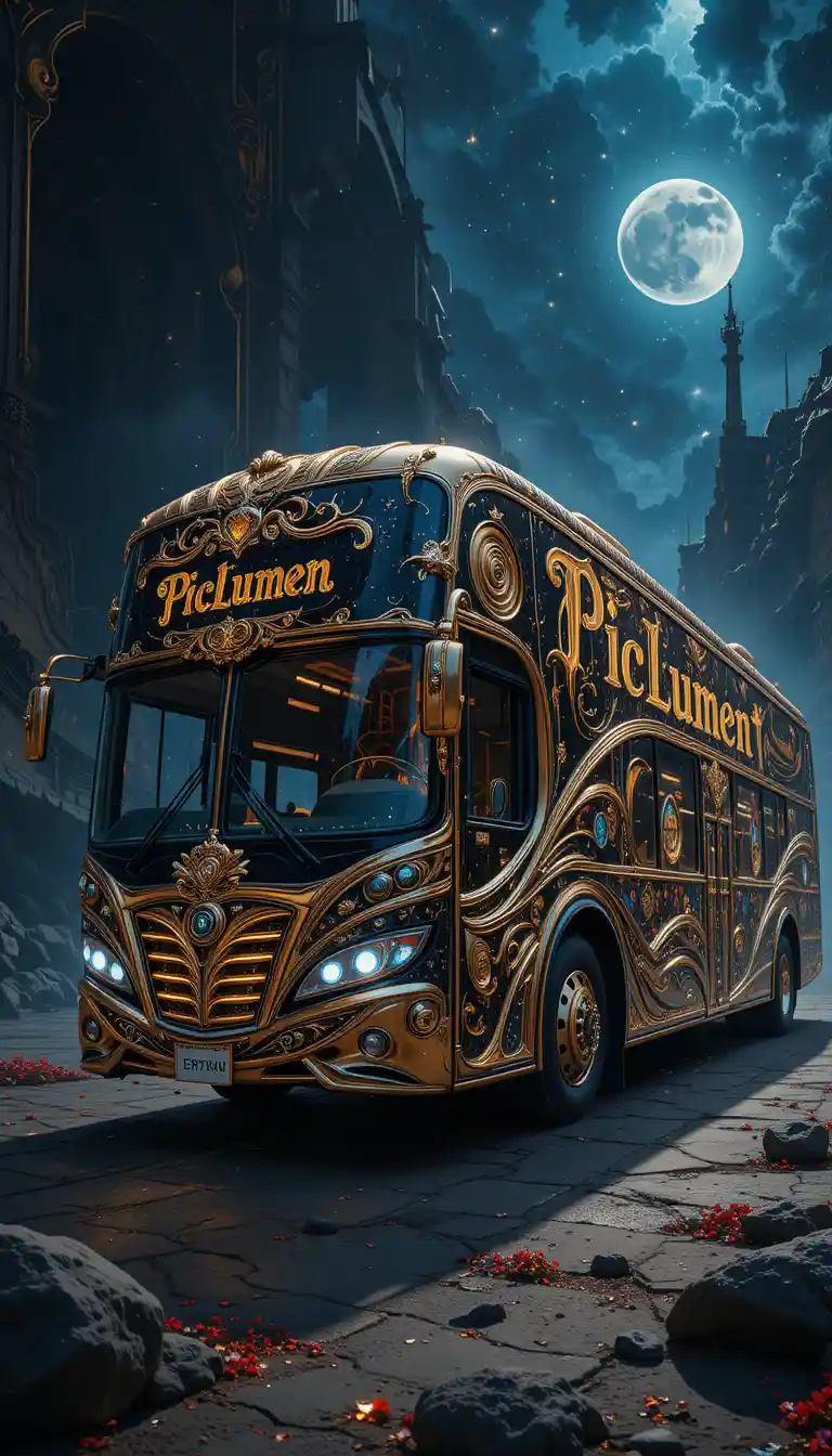 Luxurious digital illustration of a baroque stardust tour bus