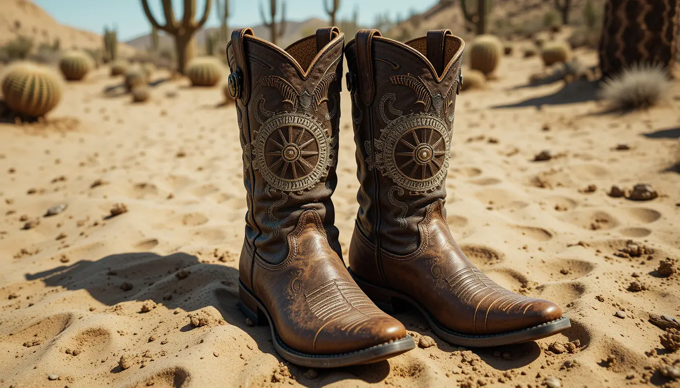Cowboy boots with spurs on desert sand postcard