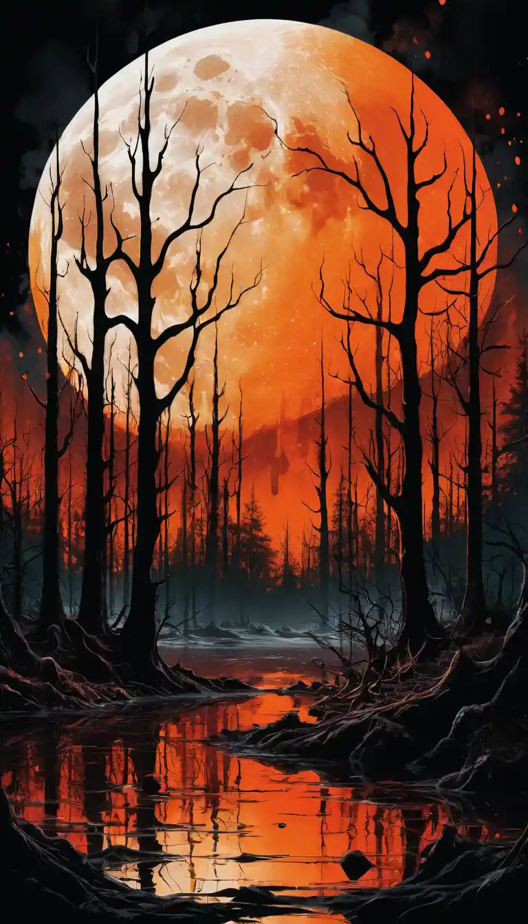 Foresta oscura surreale sotto una luna arancione luminosa