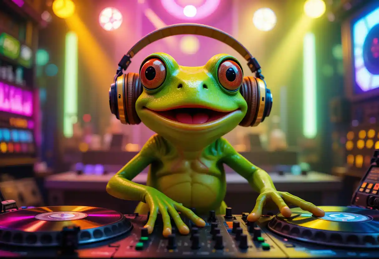 Frog DJ With Headphones At Neon Fantasy Music Booth