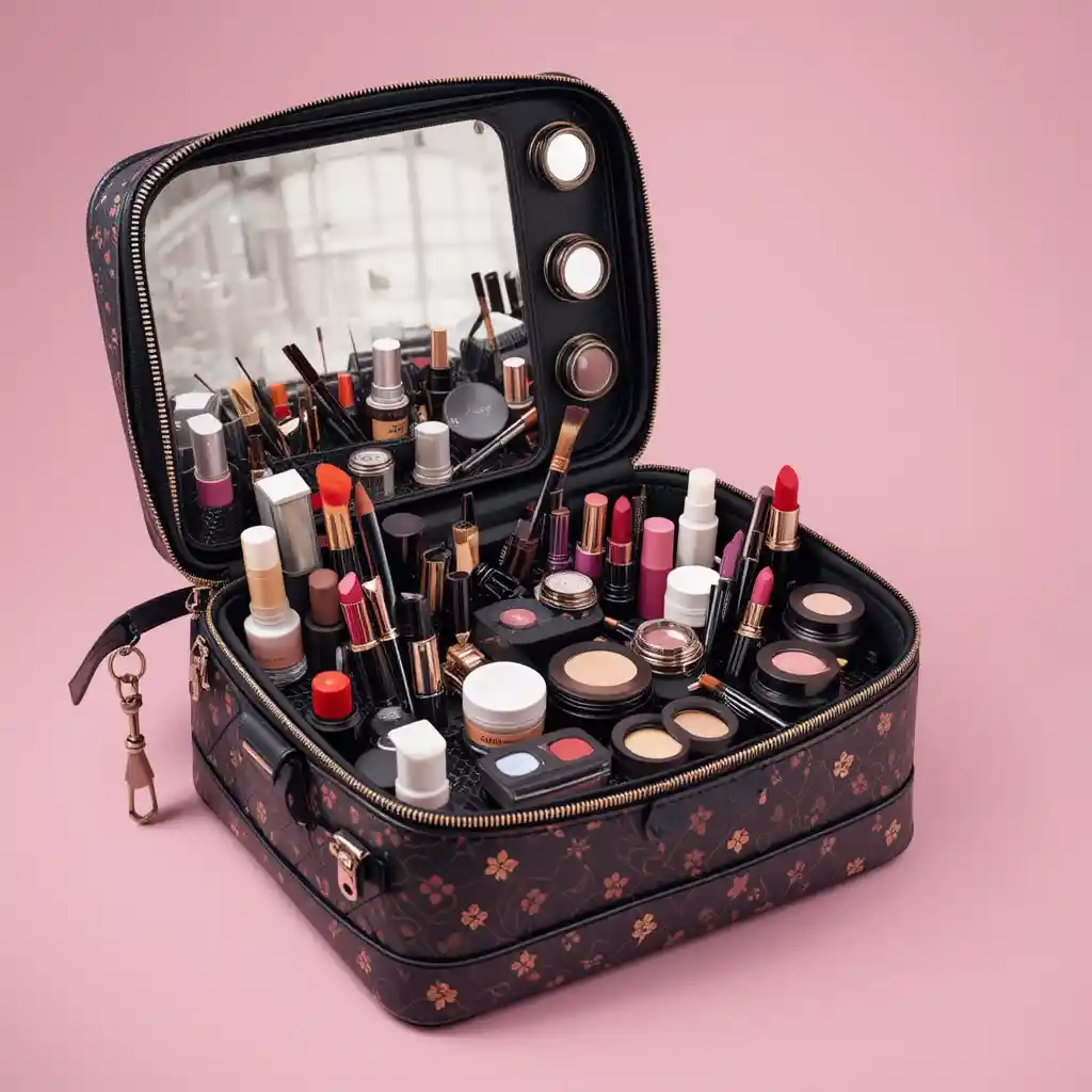 Large cosmetic bag filled with assorted makeup products