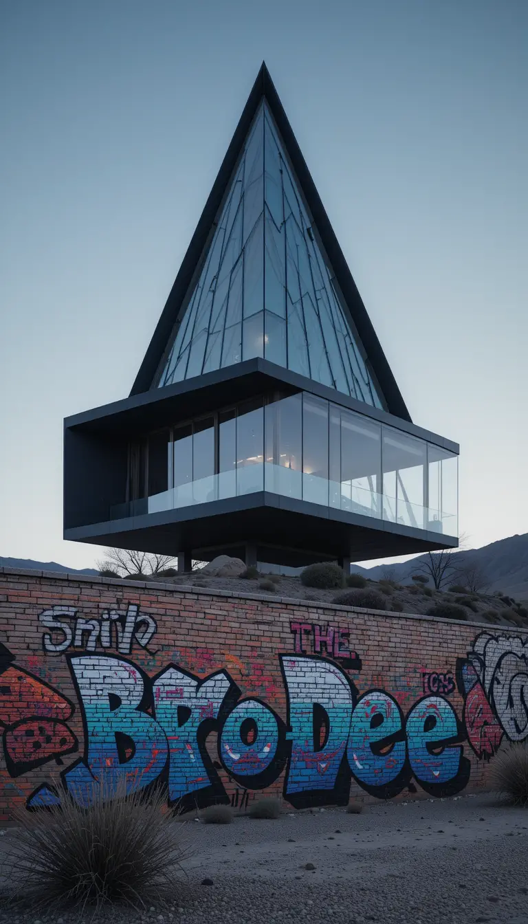 Minimalist futuristic house with glass pyramid in desert