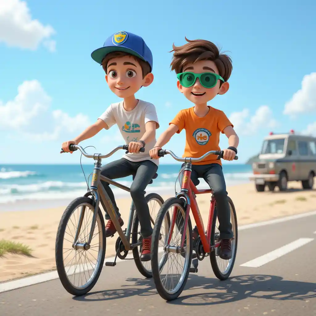 Two boys riding bicycles together on a sunny street