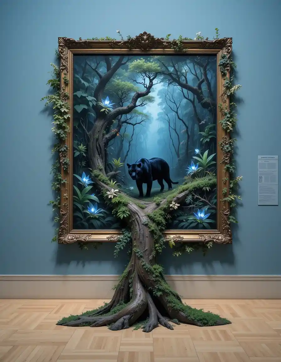 Mystical Jungle Painting With Black Panther Emerging