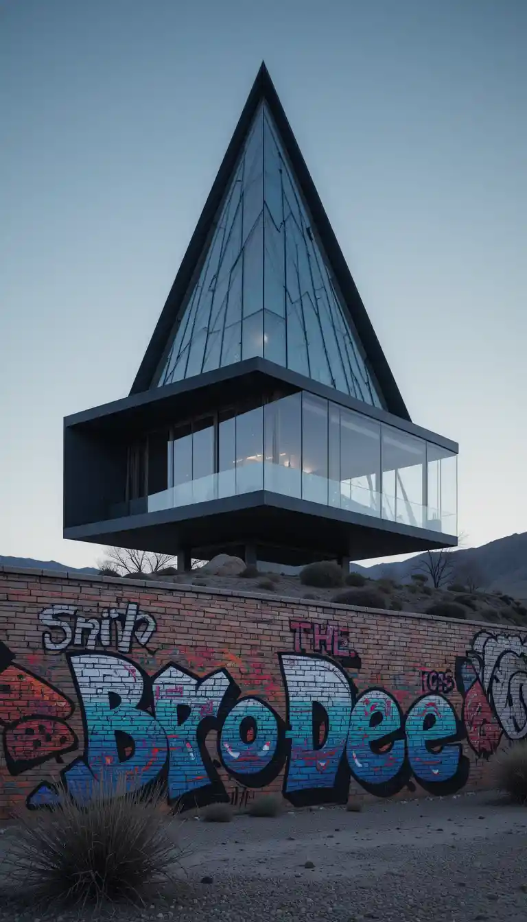 Minimalist futuristic house with glass pyramid in desert