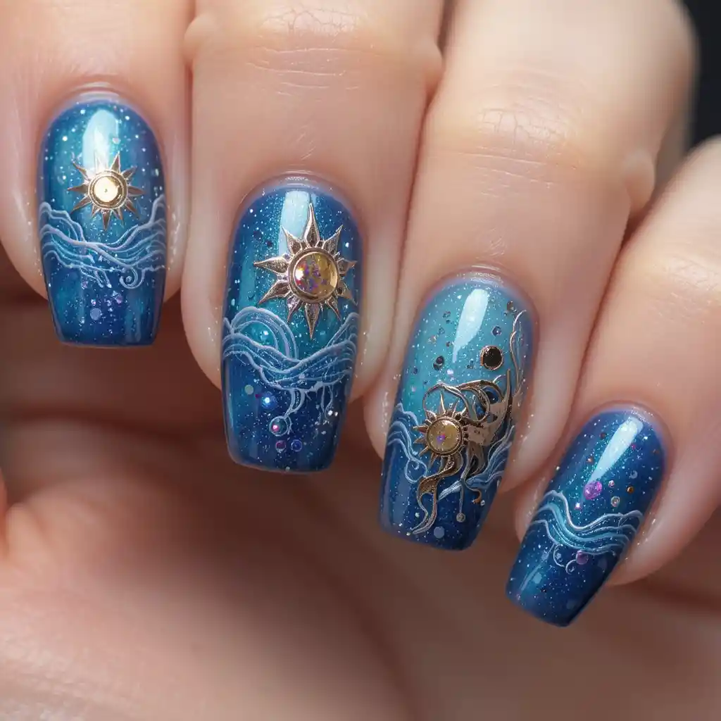 Nail art azul com brilho inspirado em água e sol