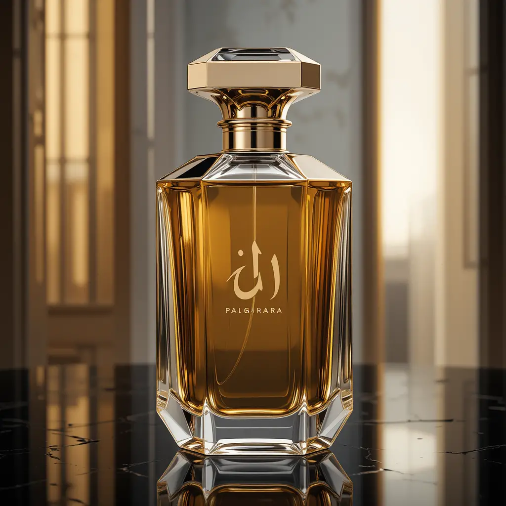Luxurious geometric crystal perfume bottle on black surface