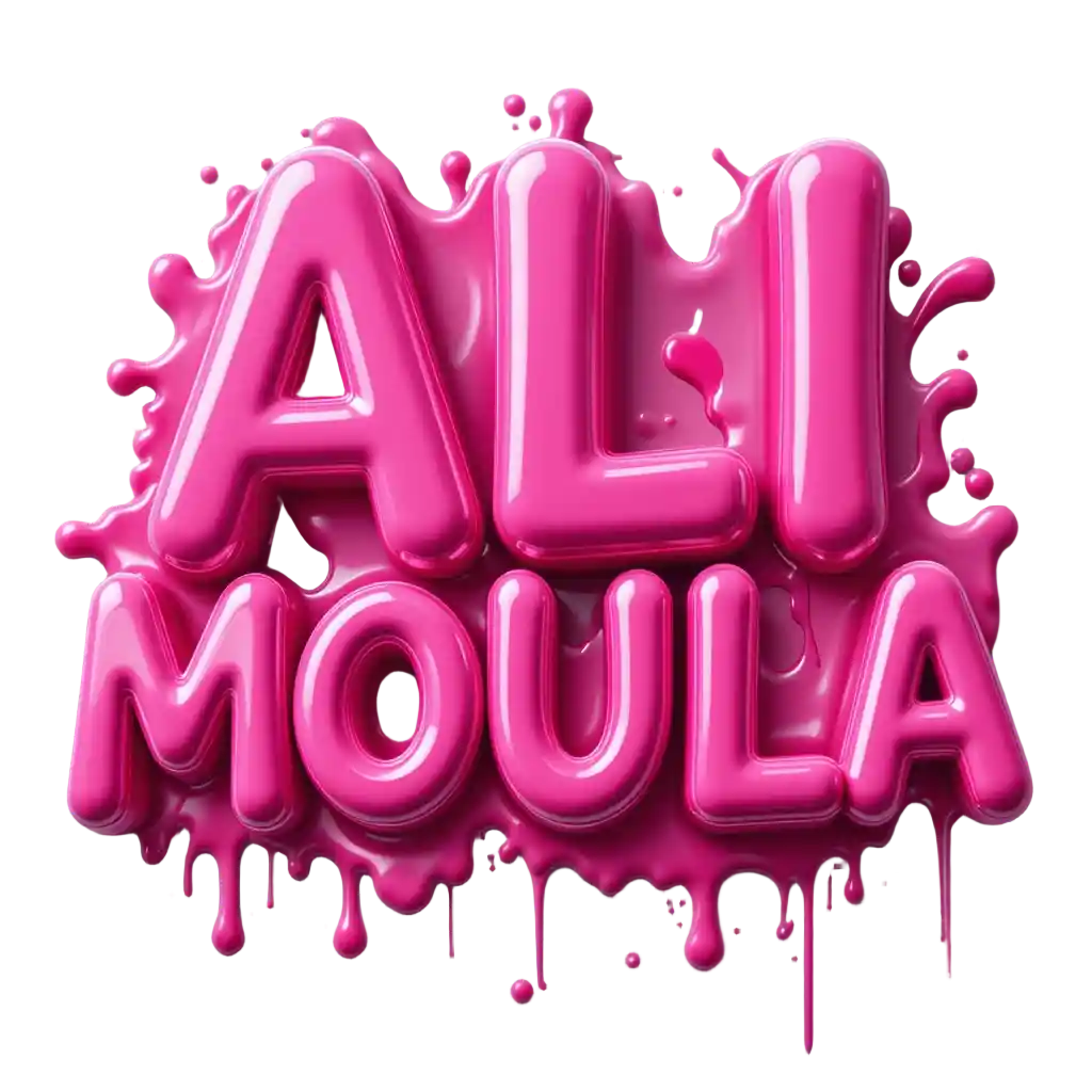 Texto 3D llamativo en rosa intenso “Ali Moula” con salpicadura líquida