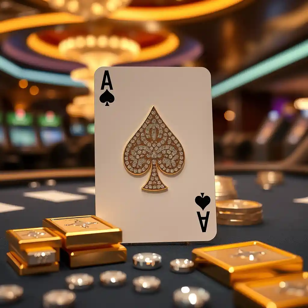 Goldene Pik-Ass-Karte mit Diamanten auf einem Casinotisch