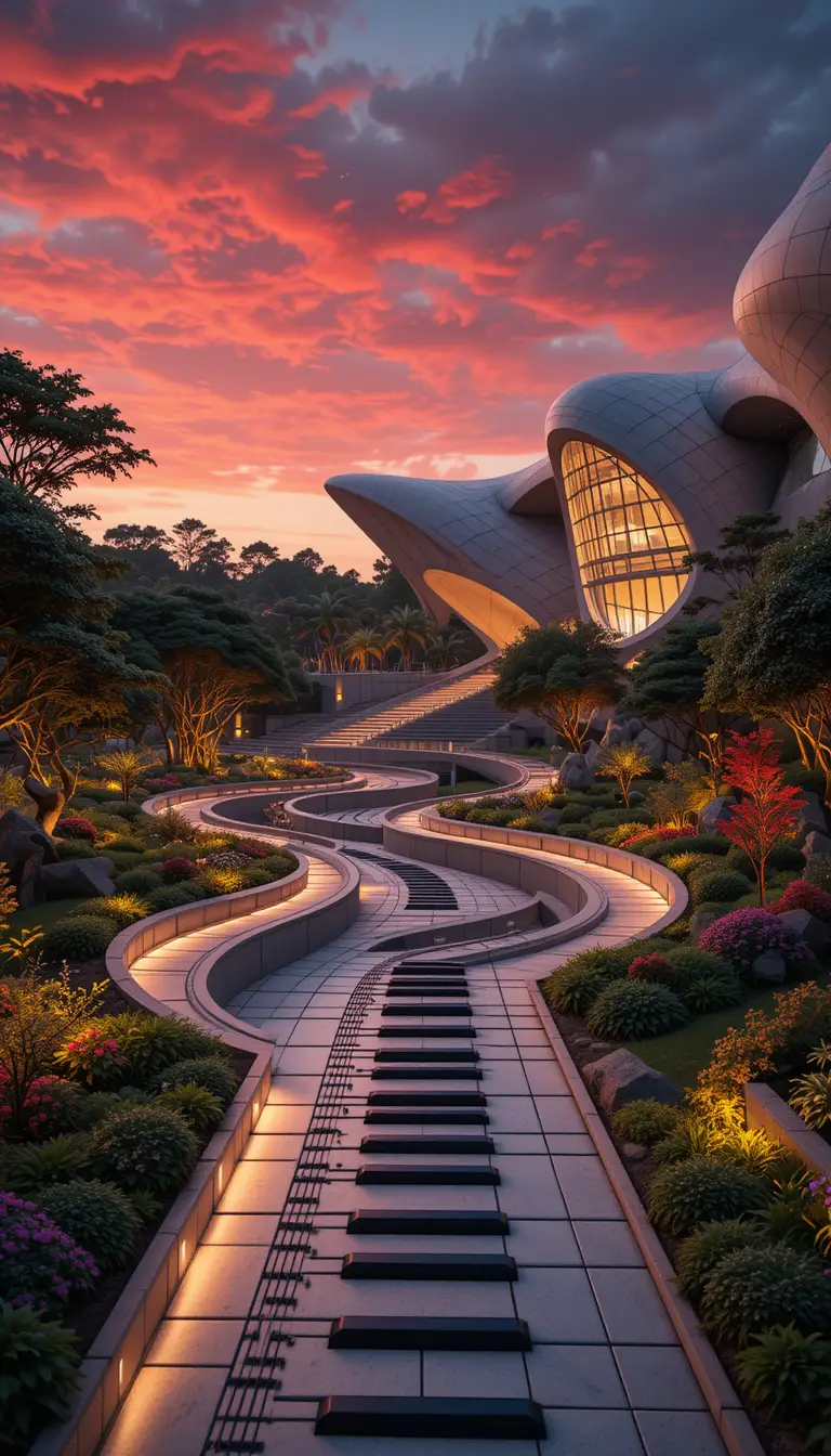 Futuristic music themed public plaza with piano pathways