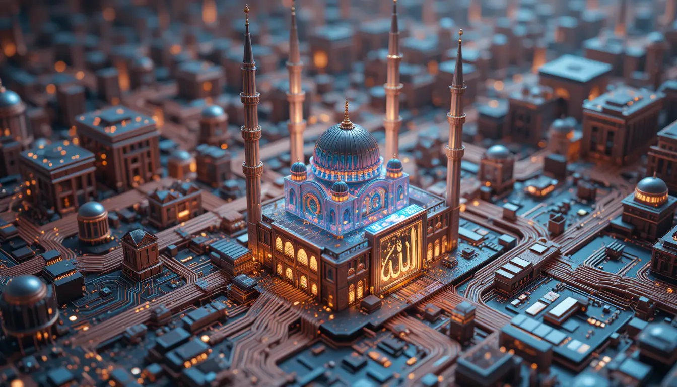 Miniature mosque city grown from a glowing motherboard