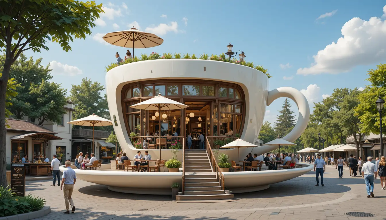 Whimsical Coffee Cup Cafe On A Busy City Street