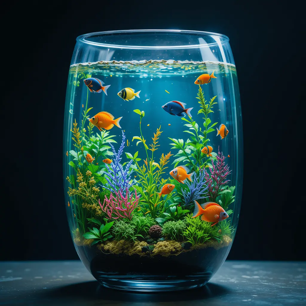 Underwater world inside a glass with colorful fish