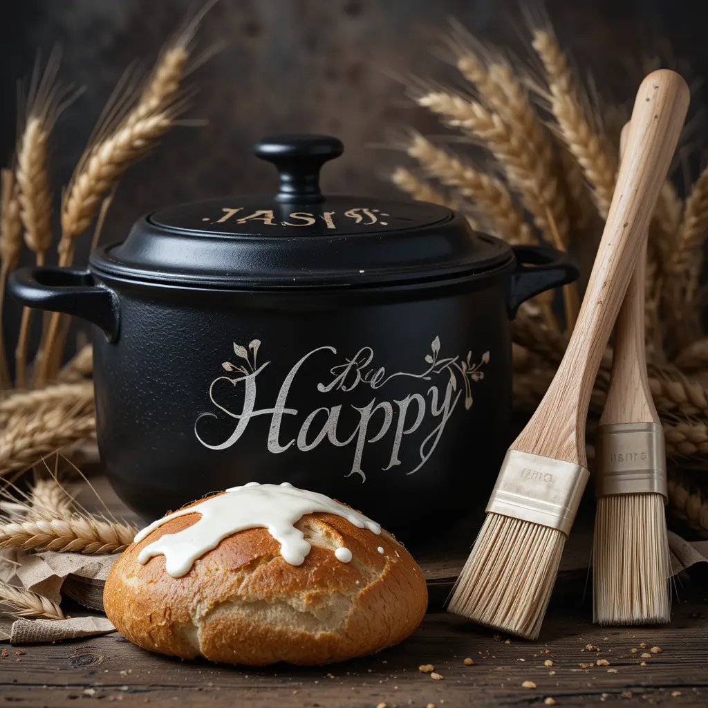 Vintage cast iron dutch oven with fresh rustic bread