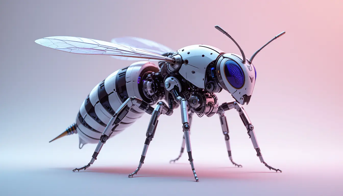 Futuristic insect robot with metallic body and wings