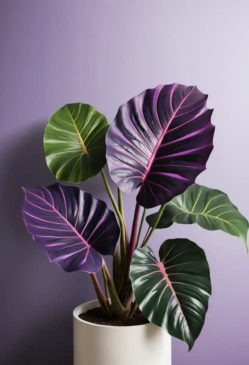 Close up of lush alocasia plant in modern pot