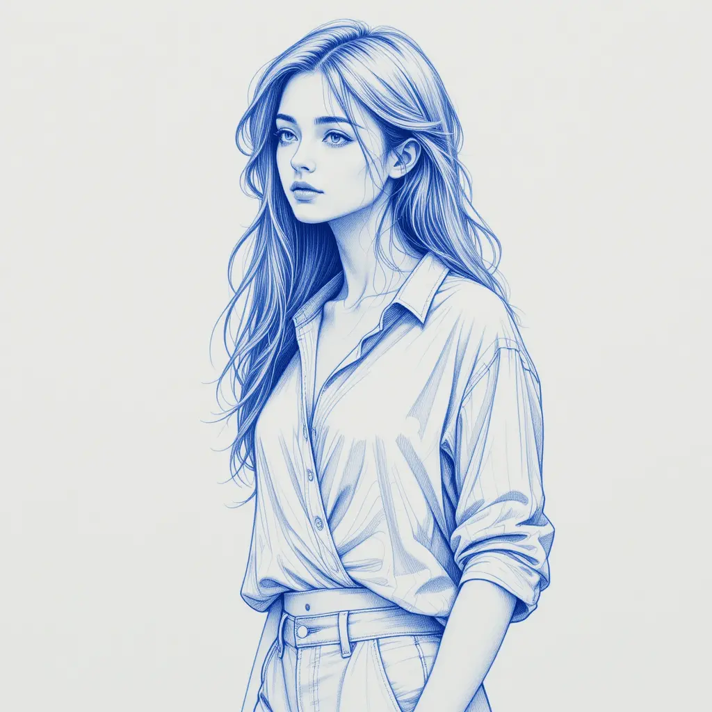 Thoughtful young woman in detailed blue pencil portrait