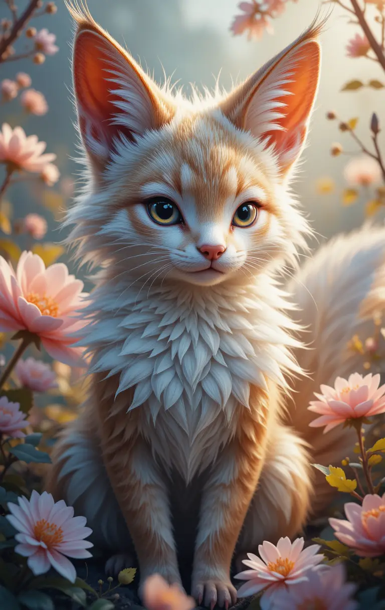 Cute kitsune in a colorful fantasy forest scene