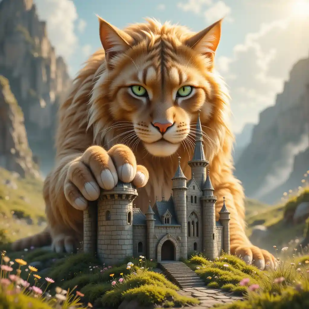Giant golden cat towering over a tiny stone castle