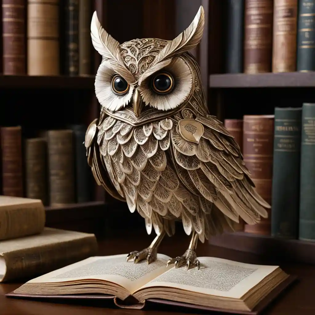 Surreal Owl Book Creature Flying In A Moonlit Library