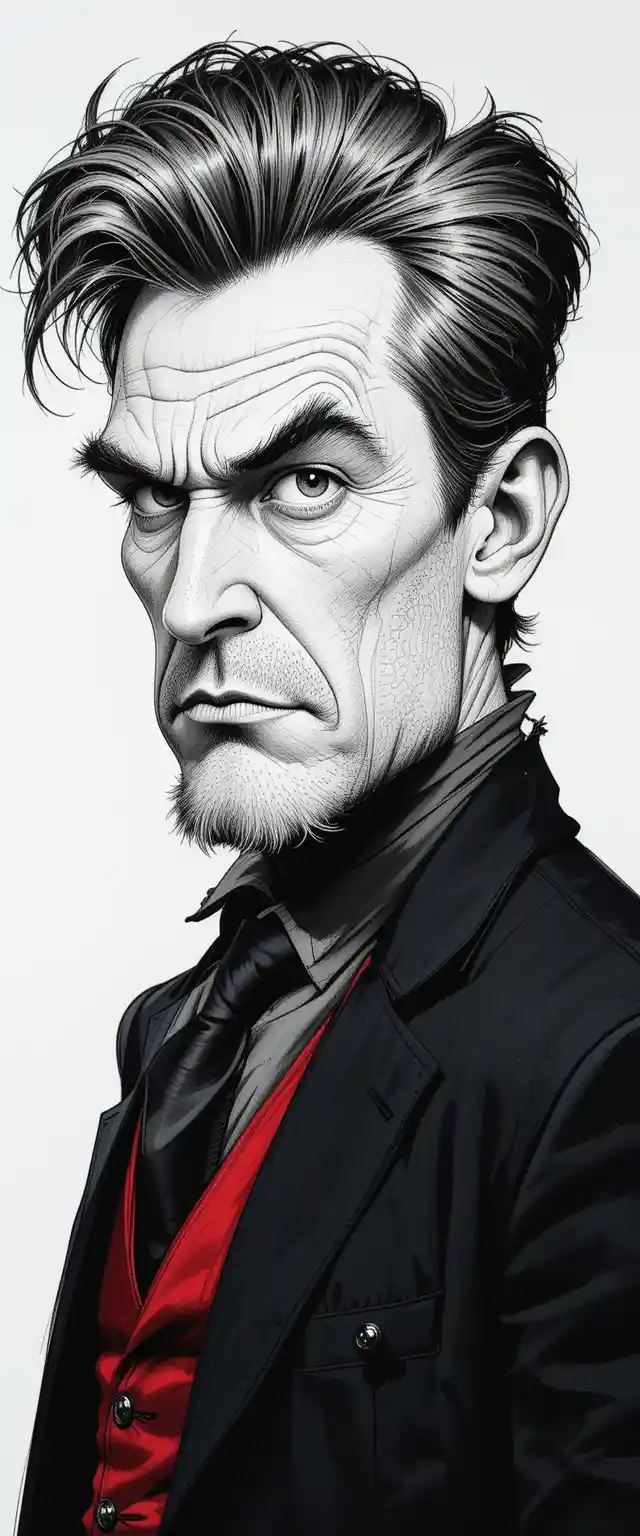 Serious pencil caricature of a man in dark suit