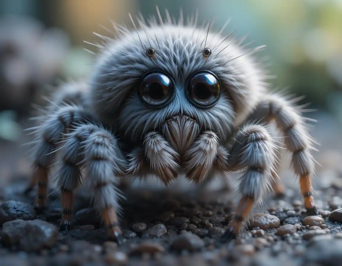 Niedrige, flauschige Spinne aus der Nähe auf ihrem Netz