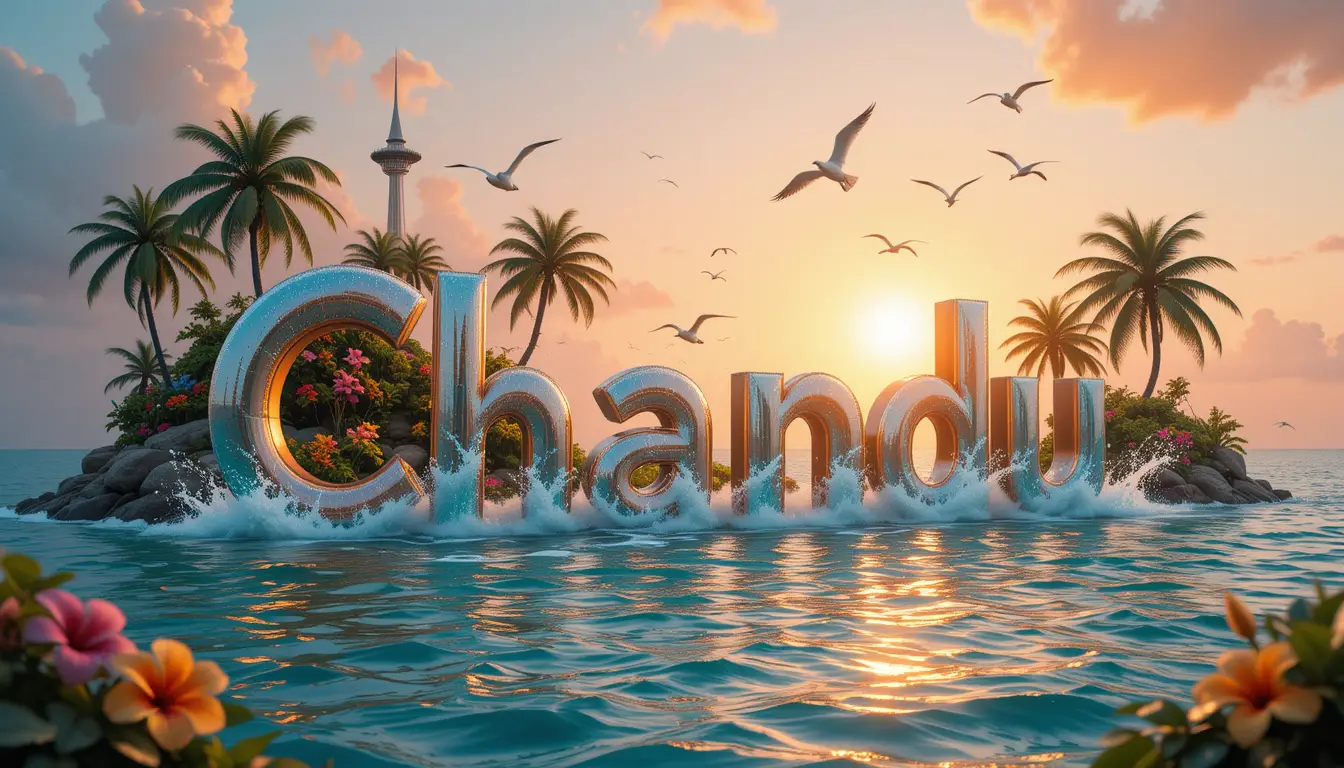 Tropical island with glowing 3d letters in turquoise water