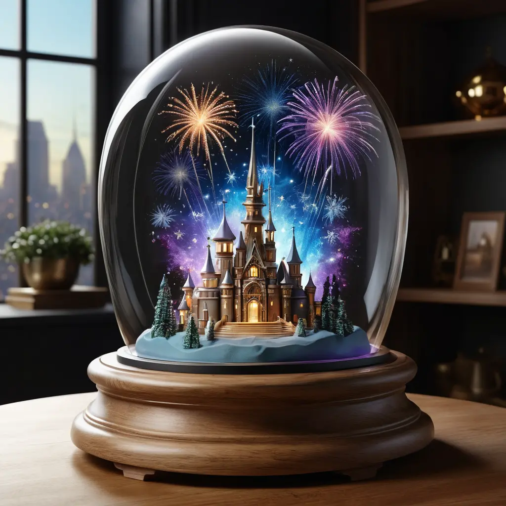 Crystal glass dome with fireworks and new year emblem