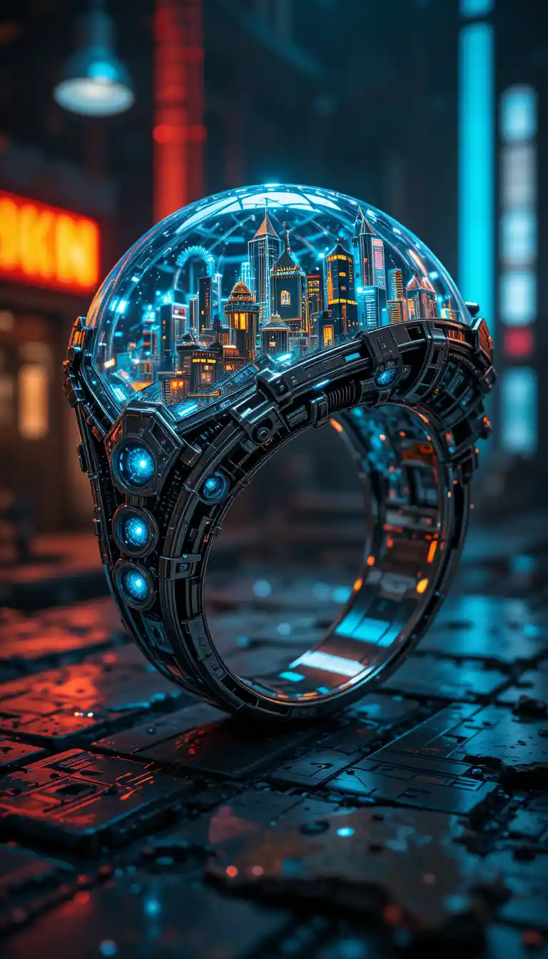 Anello steampunk intricato con città futuristica al suo interno