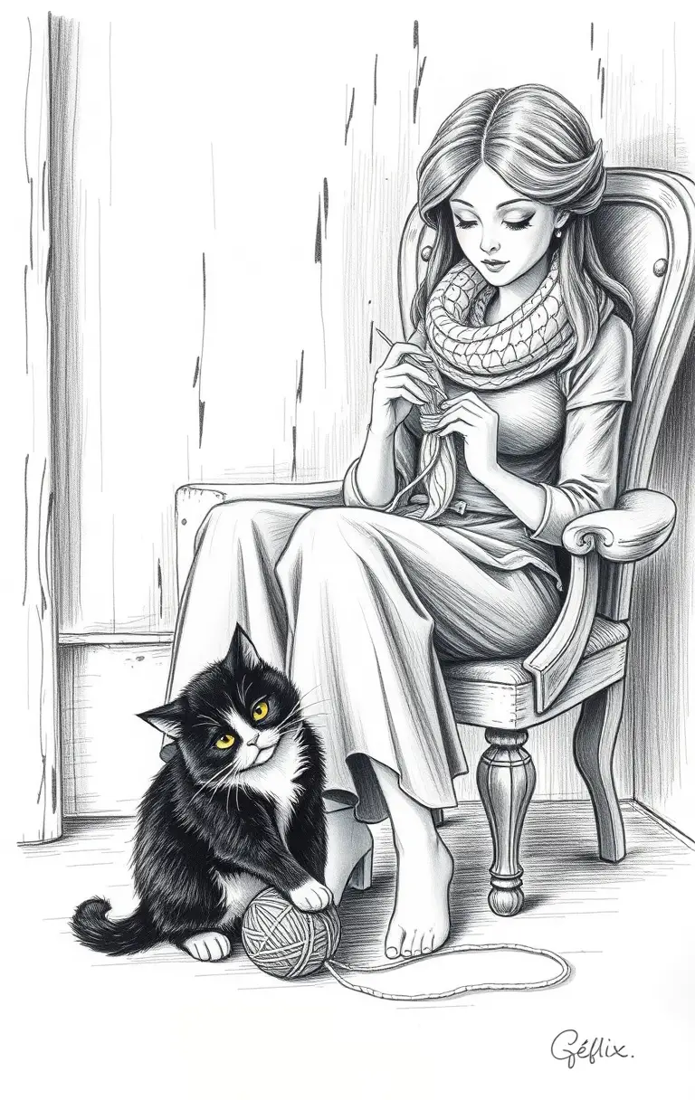 Black and white cat playing with yarn under chair