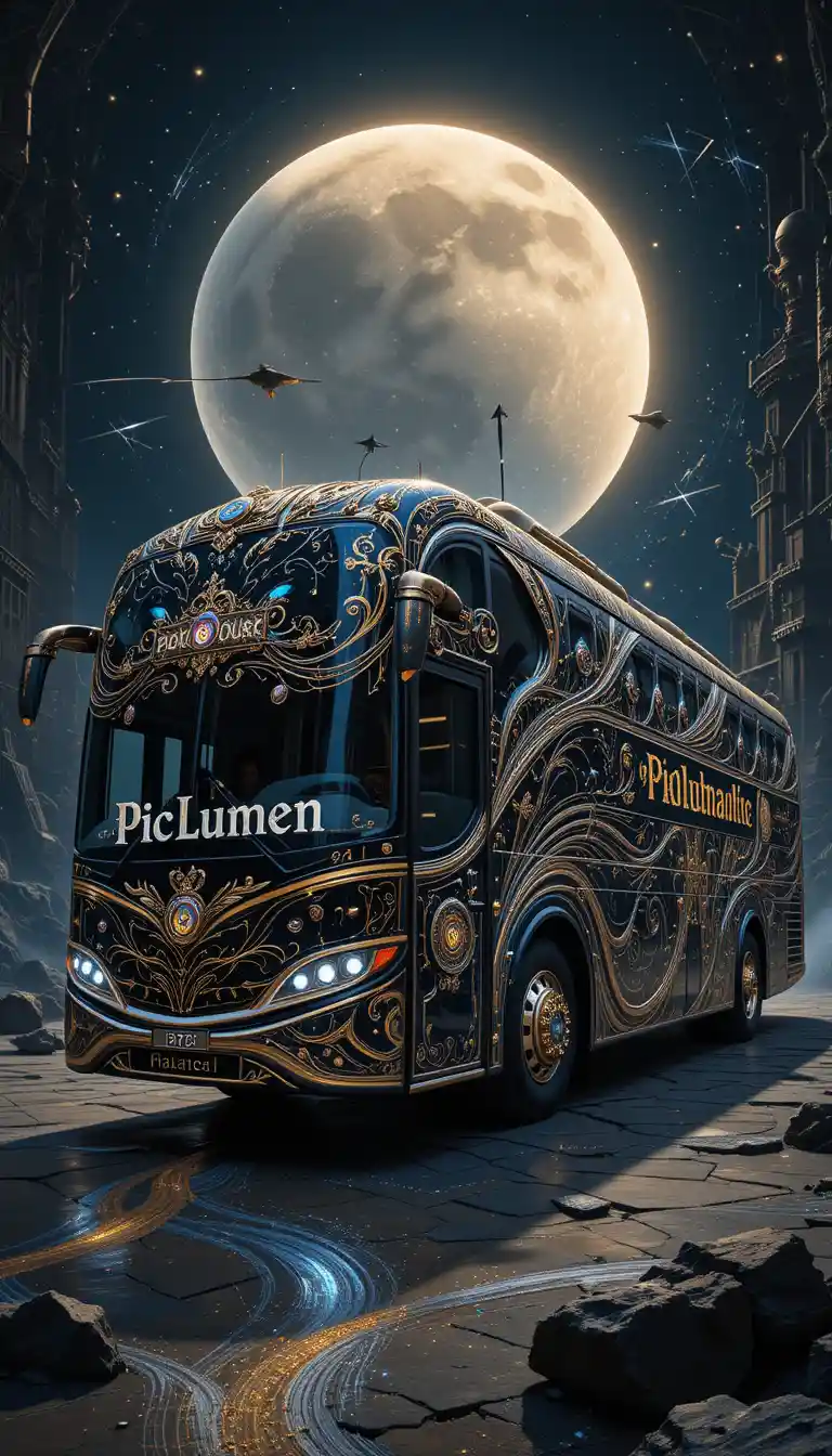 Lussuoso autobus turistico di polvere di stelle in illustrazione digitale cinematografica