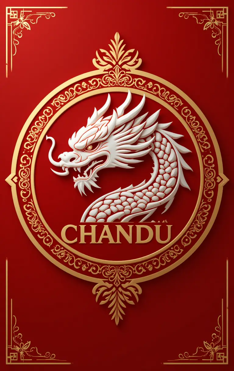 Red dragon logo with gold details and chandu text