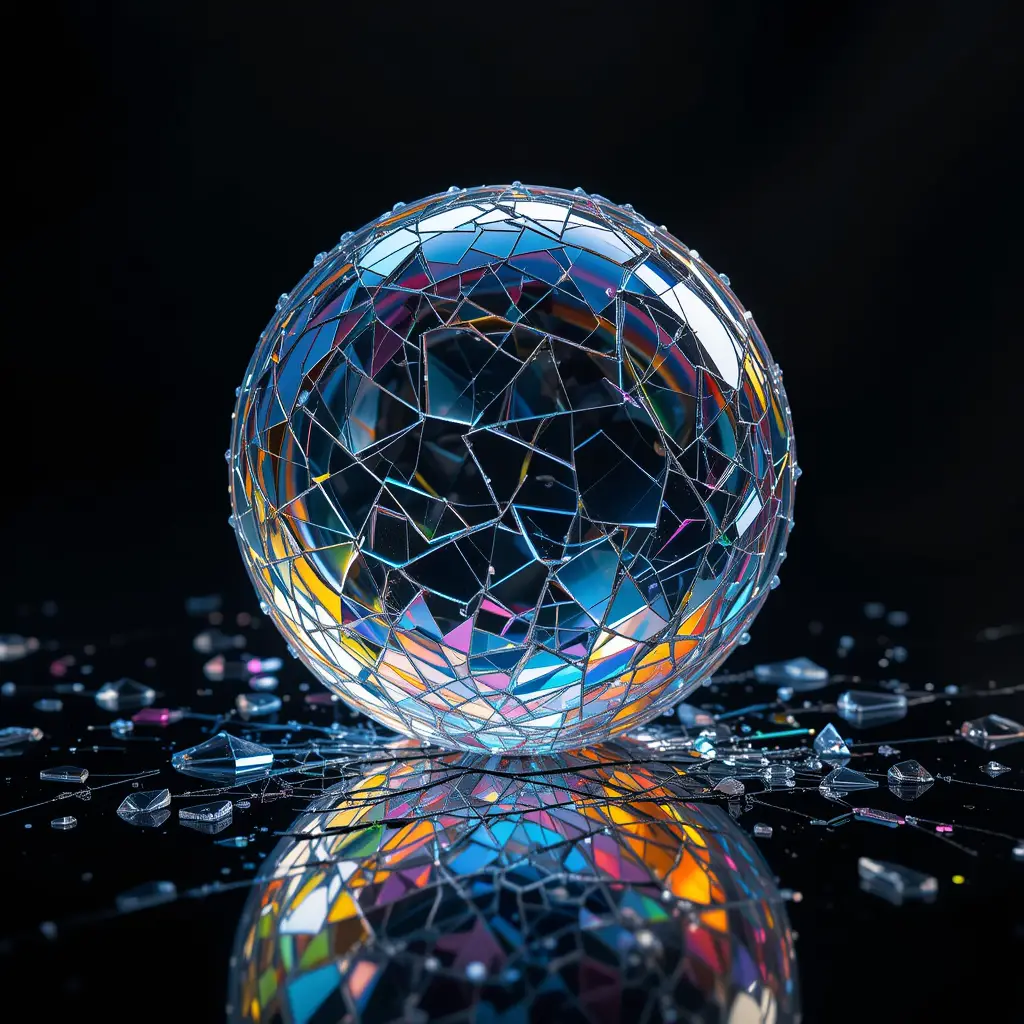 Shattered glass sphere casting rainbow colors on black floor