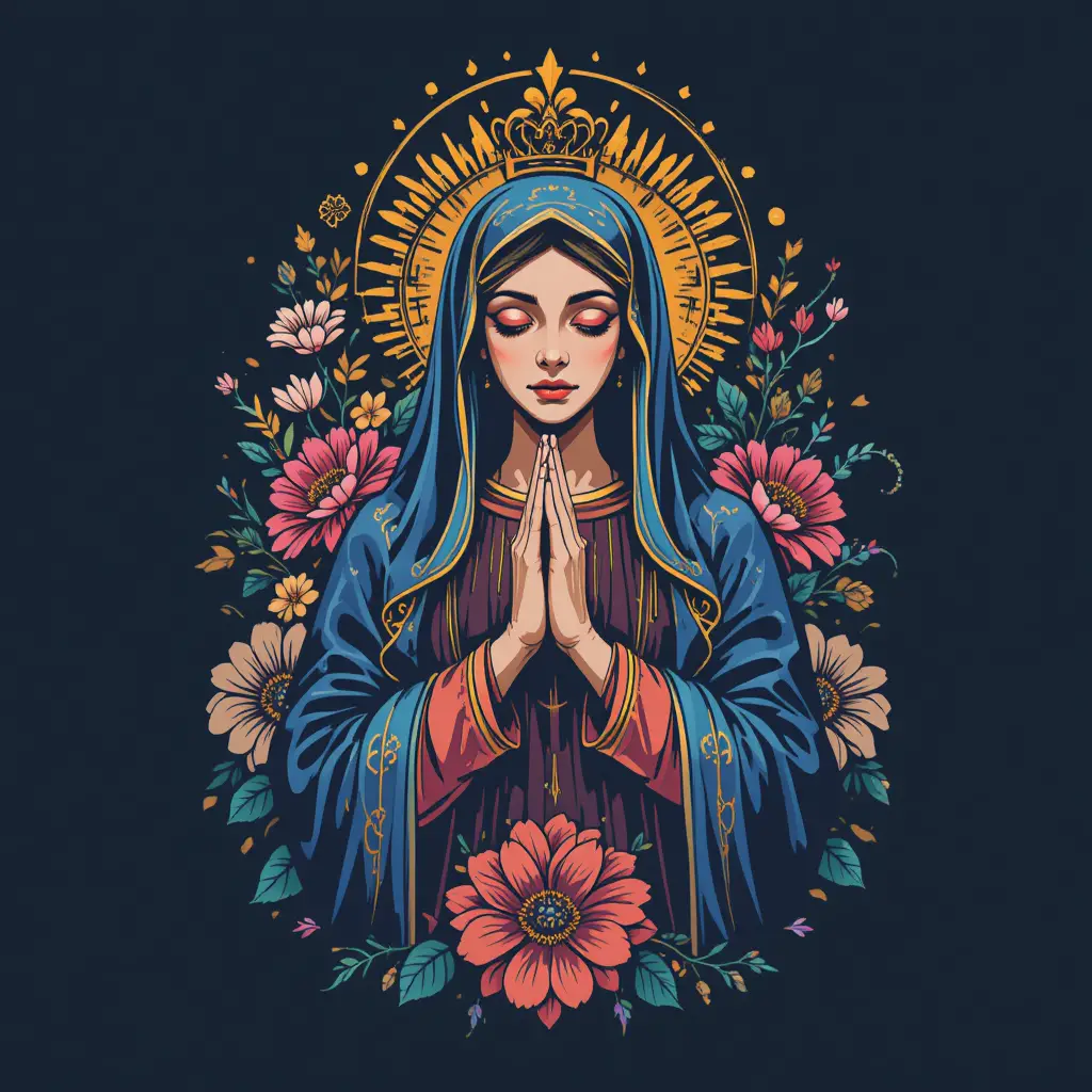 Virgin Mary illustration with praying hands and floral elements