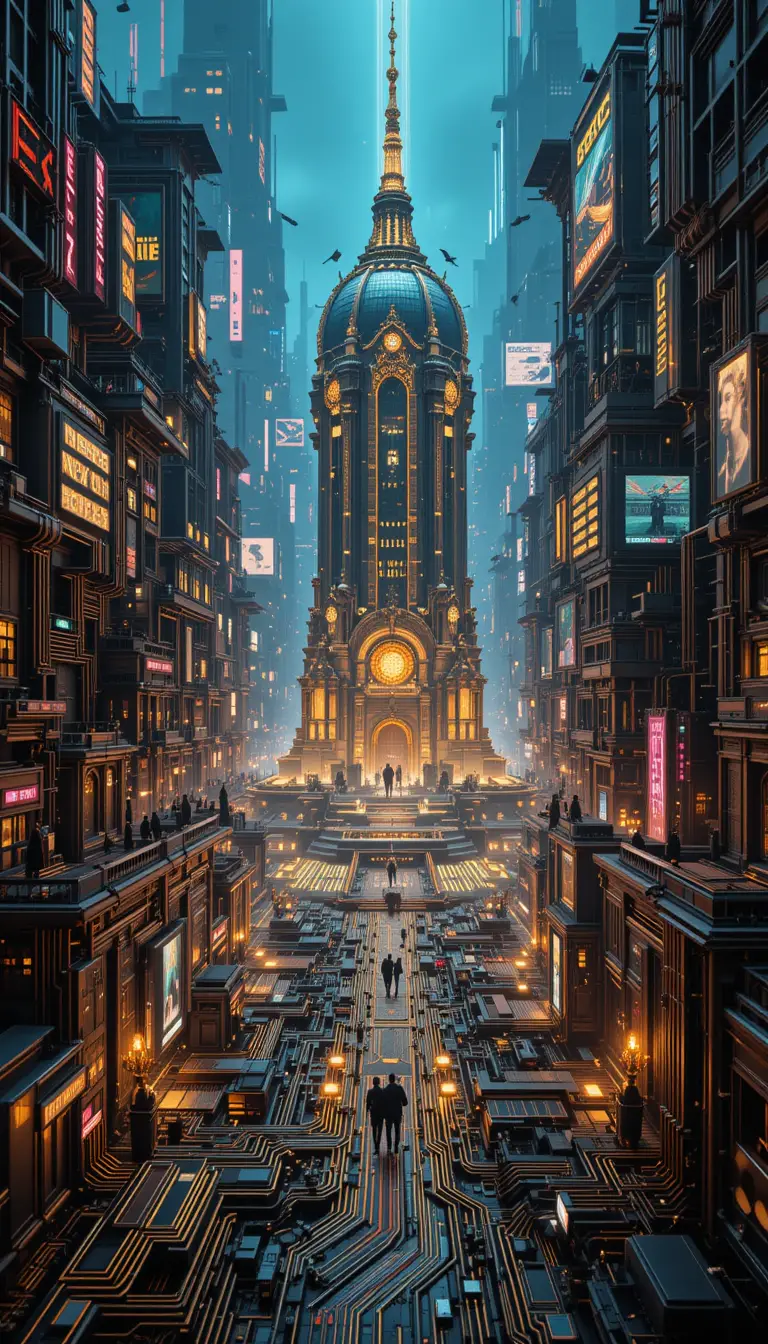 Cyberpunk motherboard city with neon circuits and towers