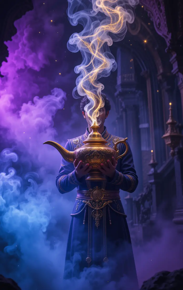 Aladdin Holding A Glowing Magic Lamp In Mystic Darkness