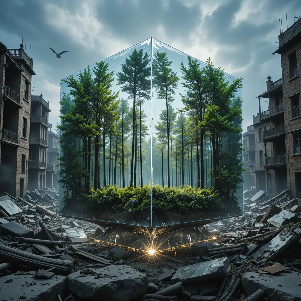 Glass cube forest double exposure in ruined city center