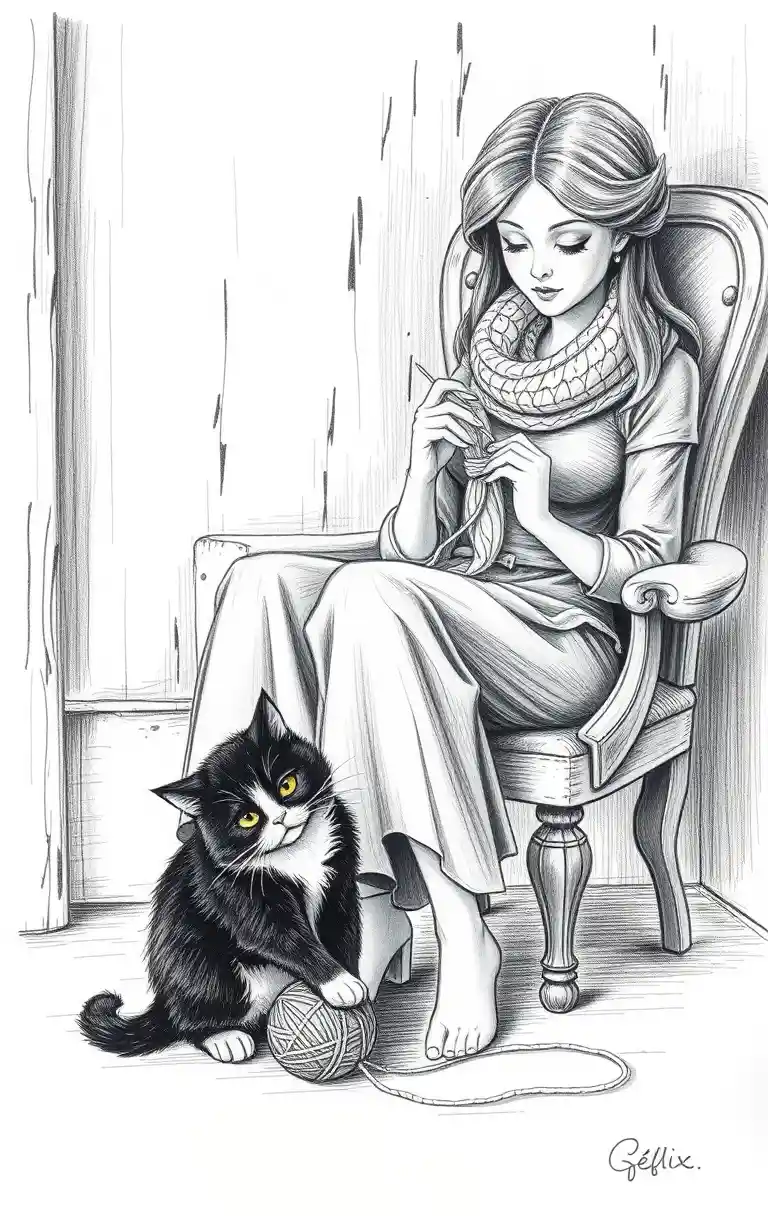 Black and white cat playing with yarn under chair